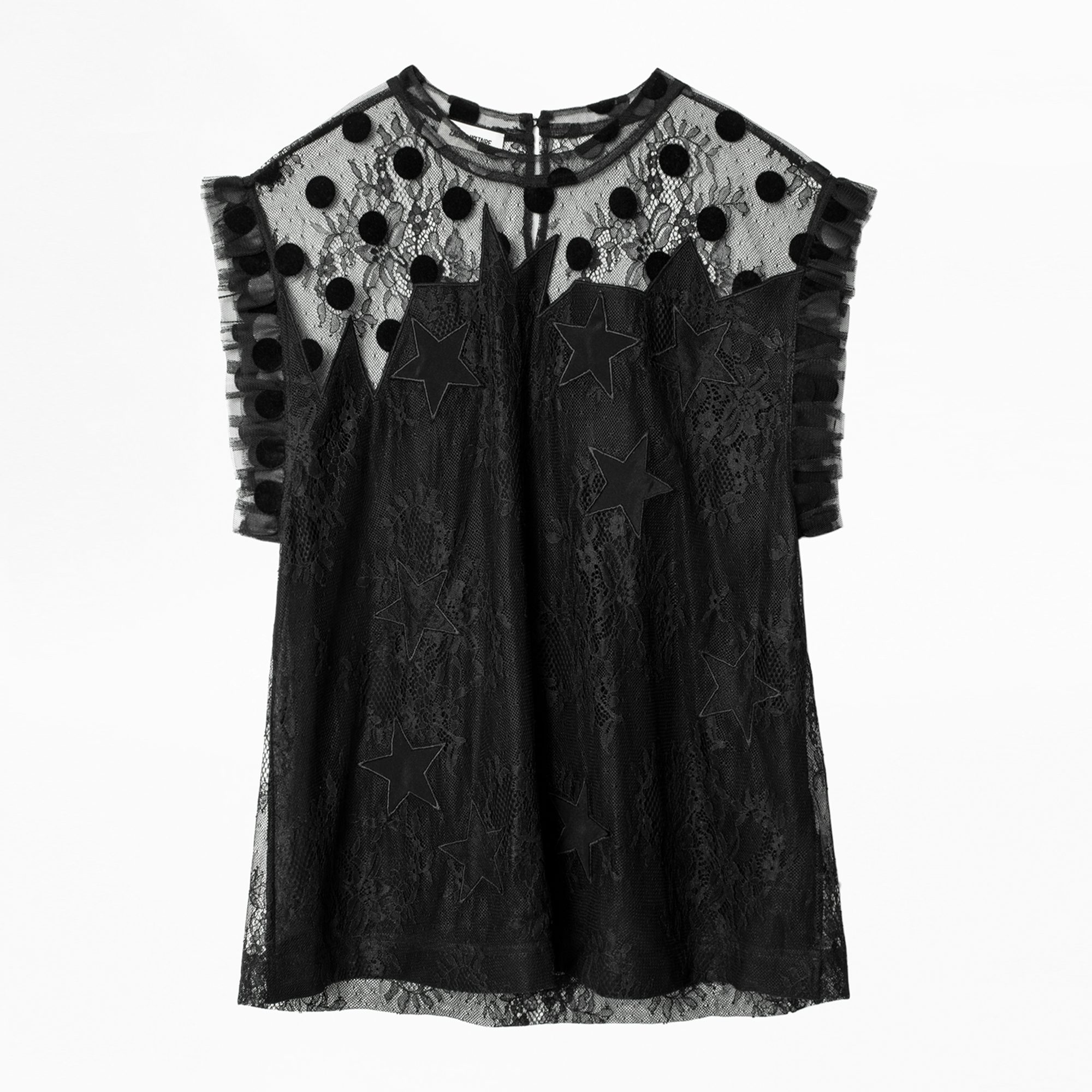 Top Tetro Lace - Top noir femme, en dentelle et tulle imprimé.